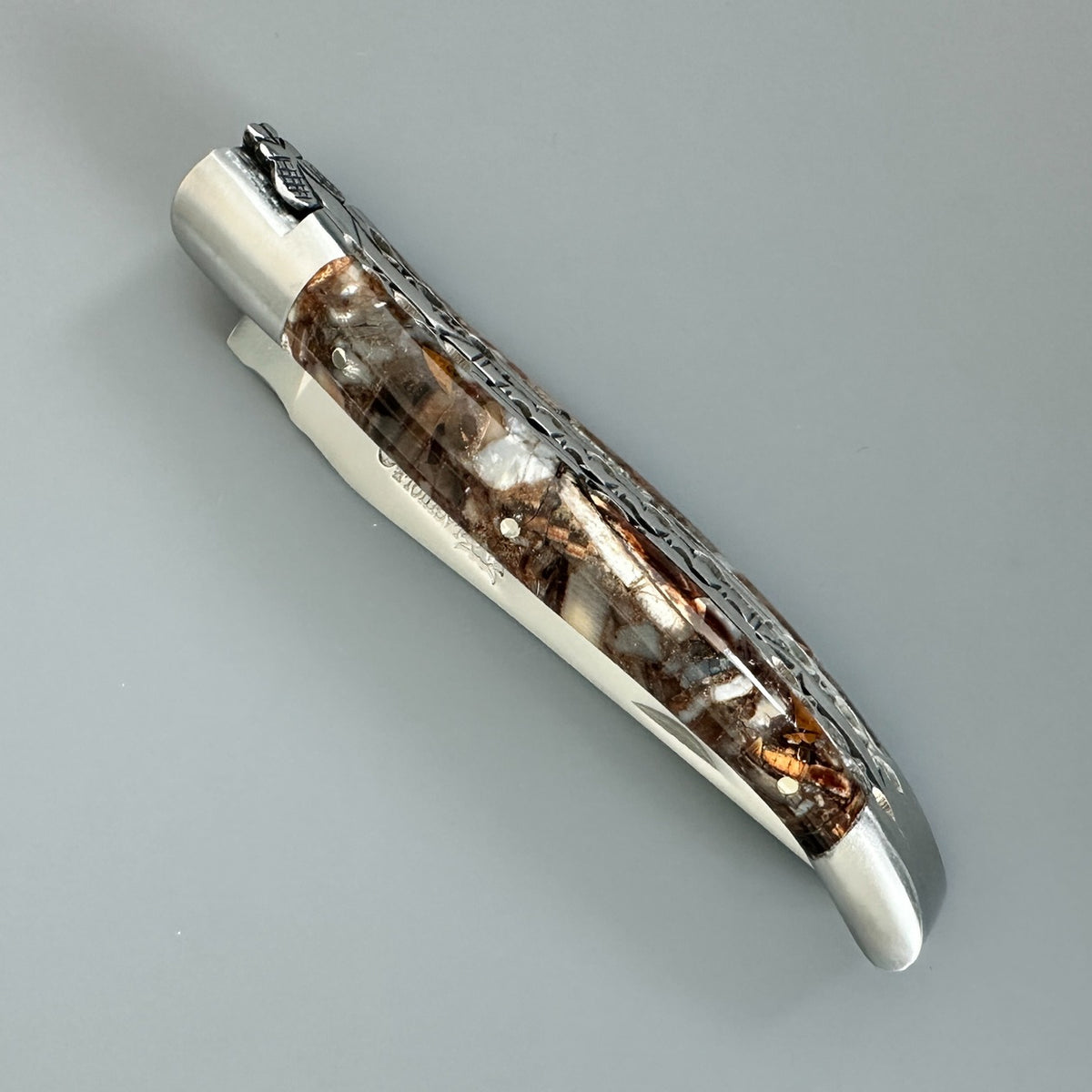 Laguiole en Aubrac Folding Knife with Brown Fusion Mammoth Ivory handle handle fully closed.
