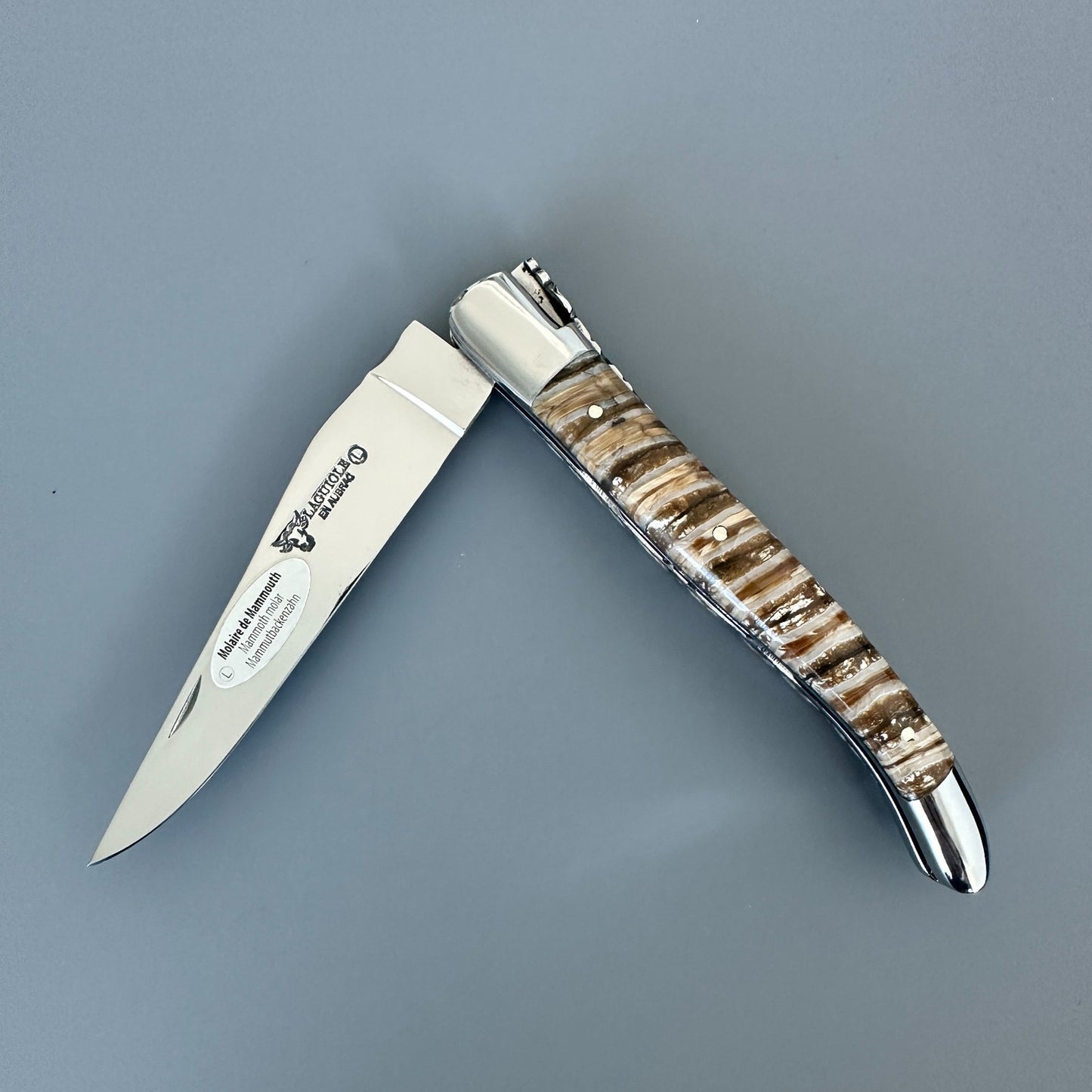 Open Laguiole en Aubrac double-plated folding knife with brown and beige mammoth molar handle, polished bolster