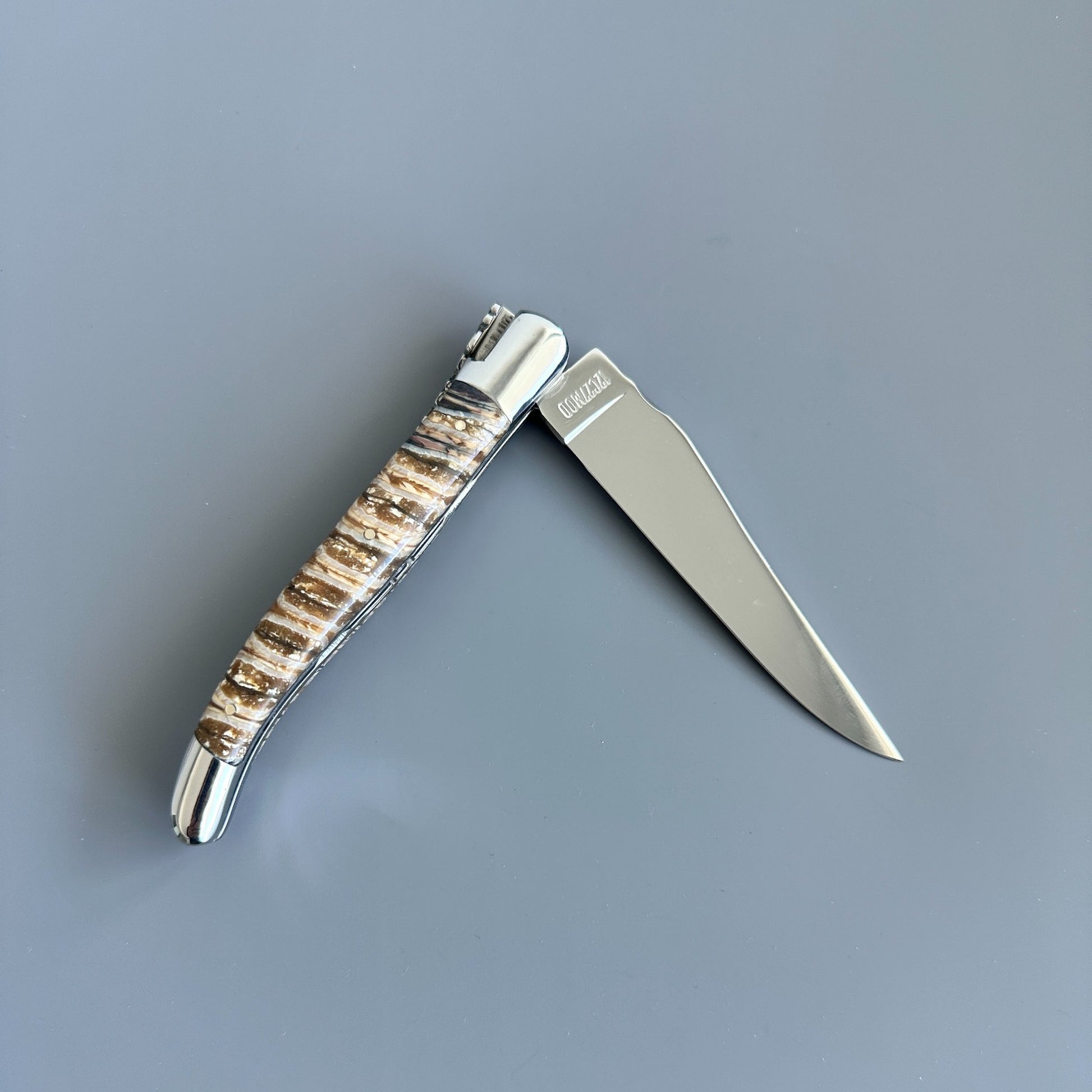 Reverse view of an open Laguiole en Aubrac knife with brown and beige mammoth molar handle