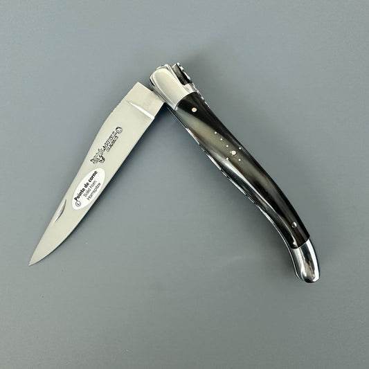 Laguiole en Aubrac Double-Plated Folding Knife — Solid Horn Handle, Smoky Charcoal Grain