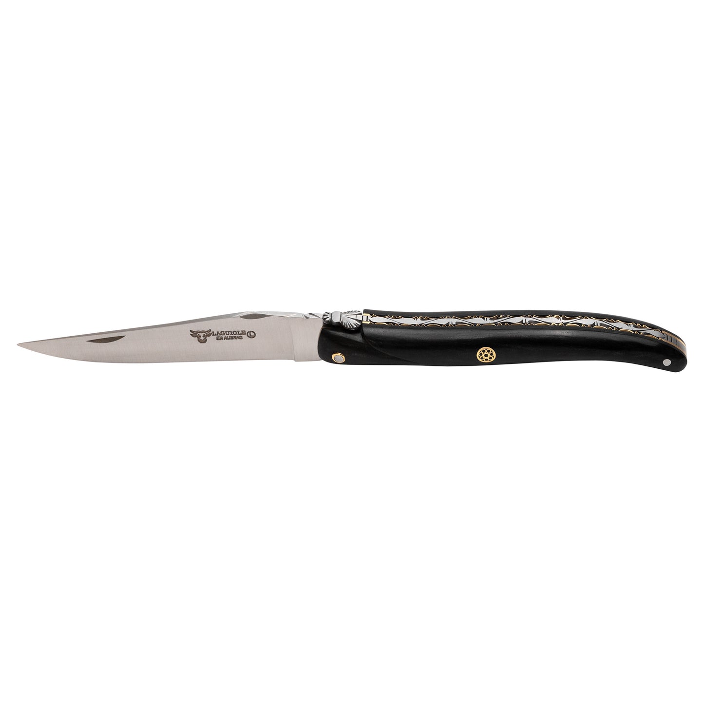 Laguiole en Aubrac Mosaic Pin Luxury Multipurpose Knife, 4.8-in (12cm), Ebony Handle, With Two Brass Plates and Handcarved Spring - LaguioleEnAubracShop