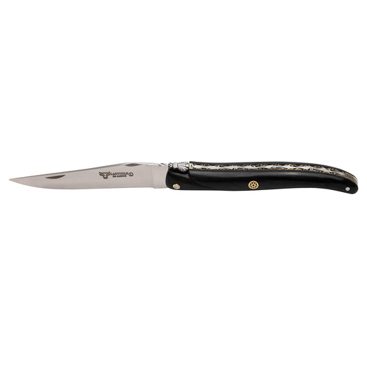 Laguiole en Aubrac Mosaic Pin Luxury Multipurpose Knife, 4.8-in (12cm), Ebony Handle, With Two Brass Plates and Handcarved Spring - LaguioleEnAubracShop