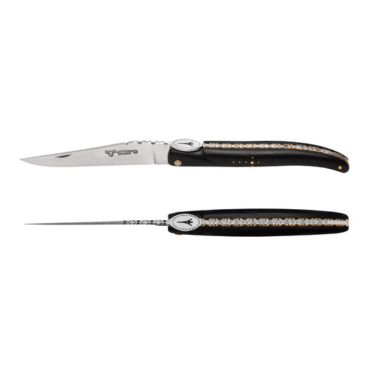 Laguiole en Aubrac Eiffel Folding Knife, 4.8", Ebony Wood Handle, Iron Lady Medallion - LaguioleEnAubracShop