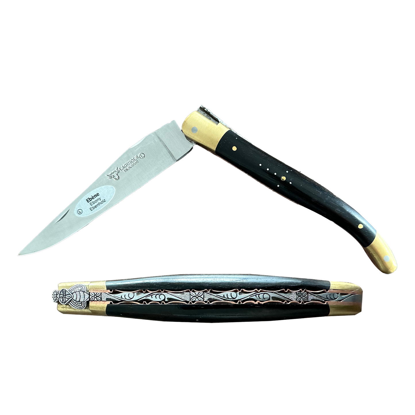 Laguiole en Aubrac Le Bijou Luxury Multipurpose Knife, 4.8-in (12cm), Ebony Wood Handle, With  Brass Bolsters, And Two Copper Plates - LaguioleEnAubracShop
