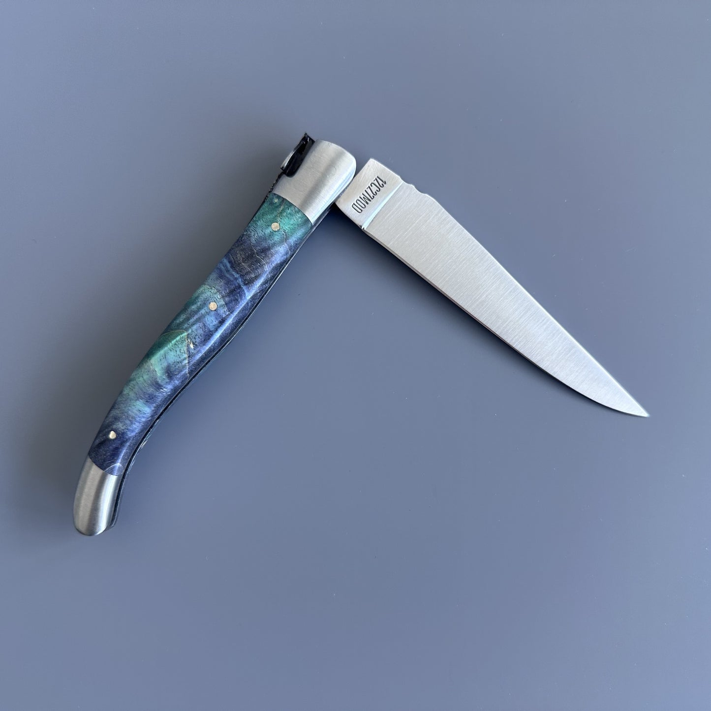 Angled shot of a Laguiole en Aubrac folding knife highlighting the pointed blade and hand-carved bee emblem on the bolster