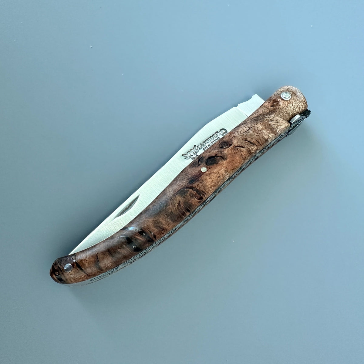 A closed view of Laguiole en Aubrac folding pocket knife with a textured, Albizia burl wood handle and satin metal blade,  on a solid blue-gray background. 
