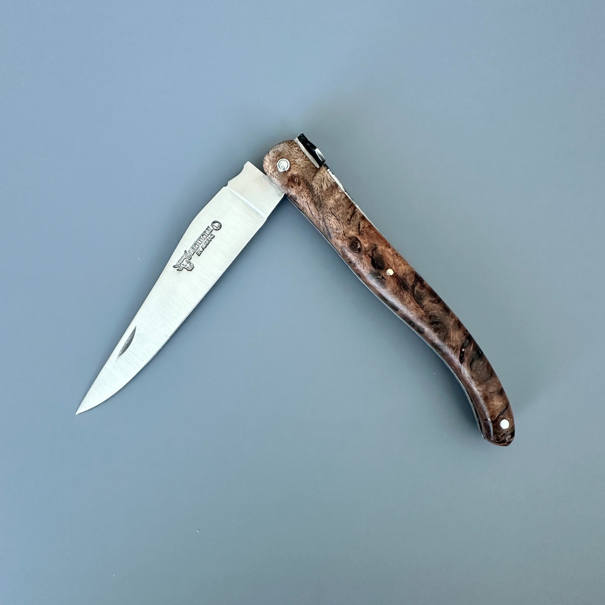 Laguiole en Aubrac folding pocket knife with Albizia burl handle, shown open on a blueish background.