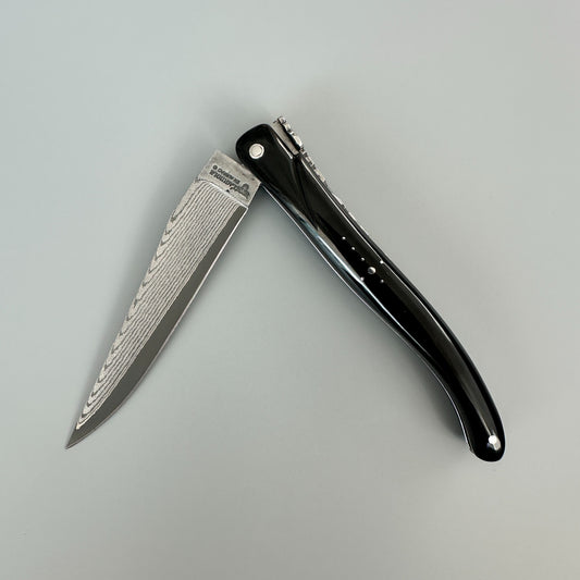 Laguiole en Aubrac Folding Knife, Full Buffalo Horn Handle with Damascus Blade