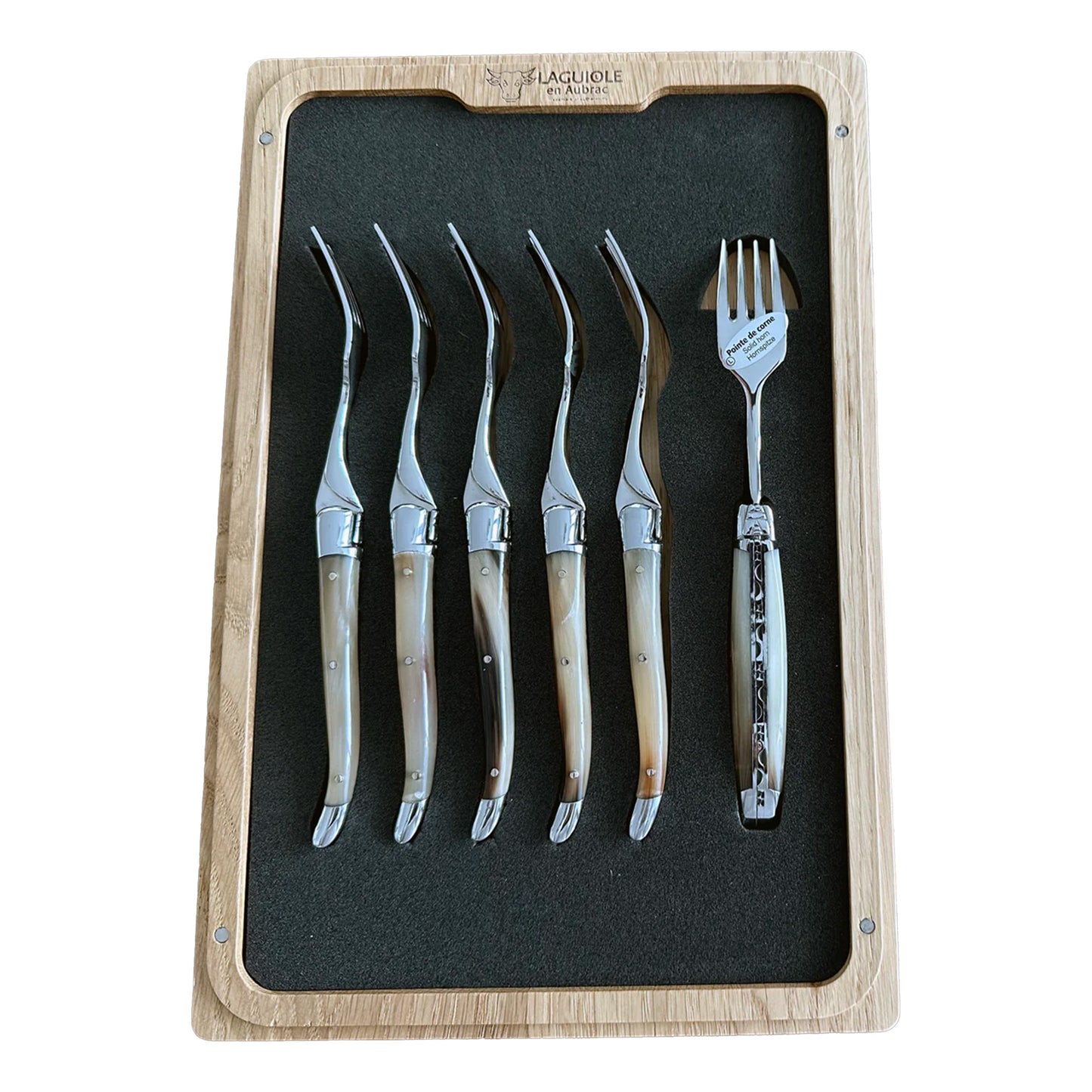 Laguiole en Aubrac Handcrafted Dessert Fork Set, Horn Handle - LaguioleEnAubracShop