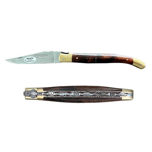 Laguiole en Aubrac Le Bijou Luxury Multipurpose Knife, 4.8-in (12cm), Ironwood Burl Handle, With  Brass Bolsters, And Two Copper Plates - LaguioleEnAubracShop