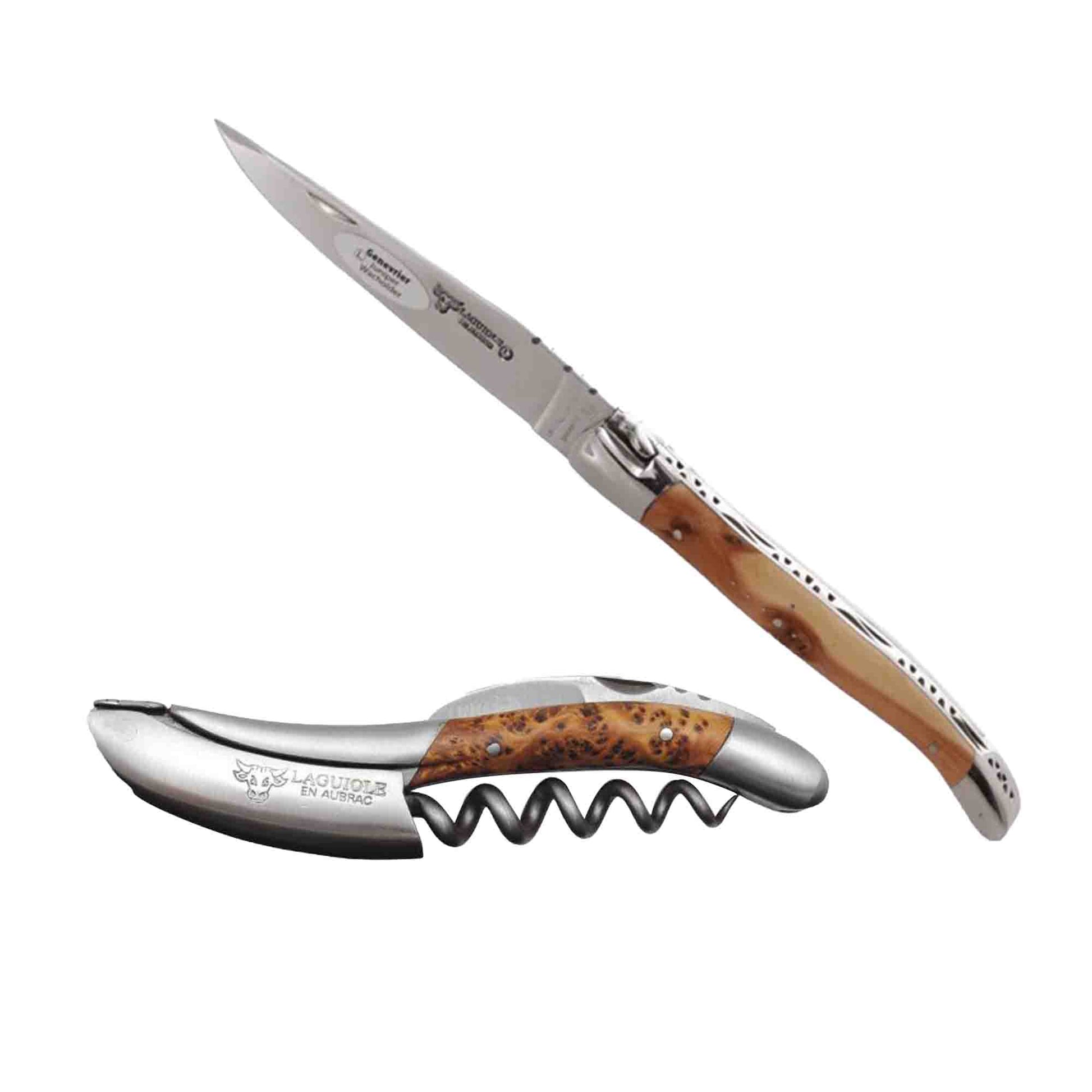 Laguiole en Aubrac 2-Piece Sommelier Waiter's Corkscrew and Handcrafted Plate Multipurpose Knife Set With Juniper Wood Handle - LaguioleEnAubracShop