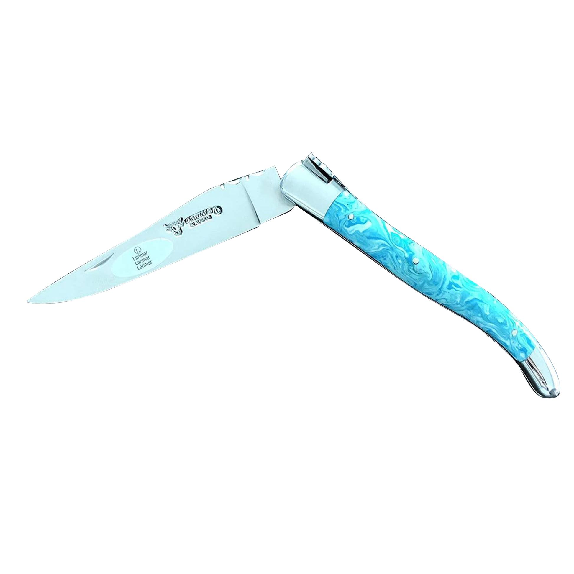 Laguiole en Aubrac Handcrafted Plates Multipurpose Knife with Shiny Bolsters, Larimar Handle, 4.75 inches - LaguioleEnAubracShop