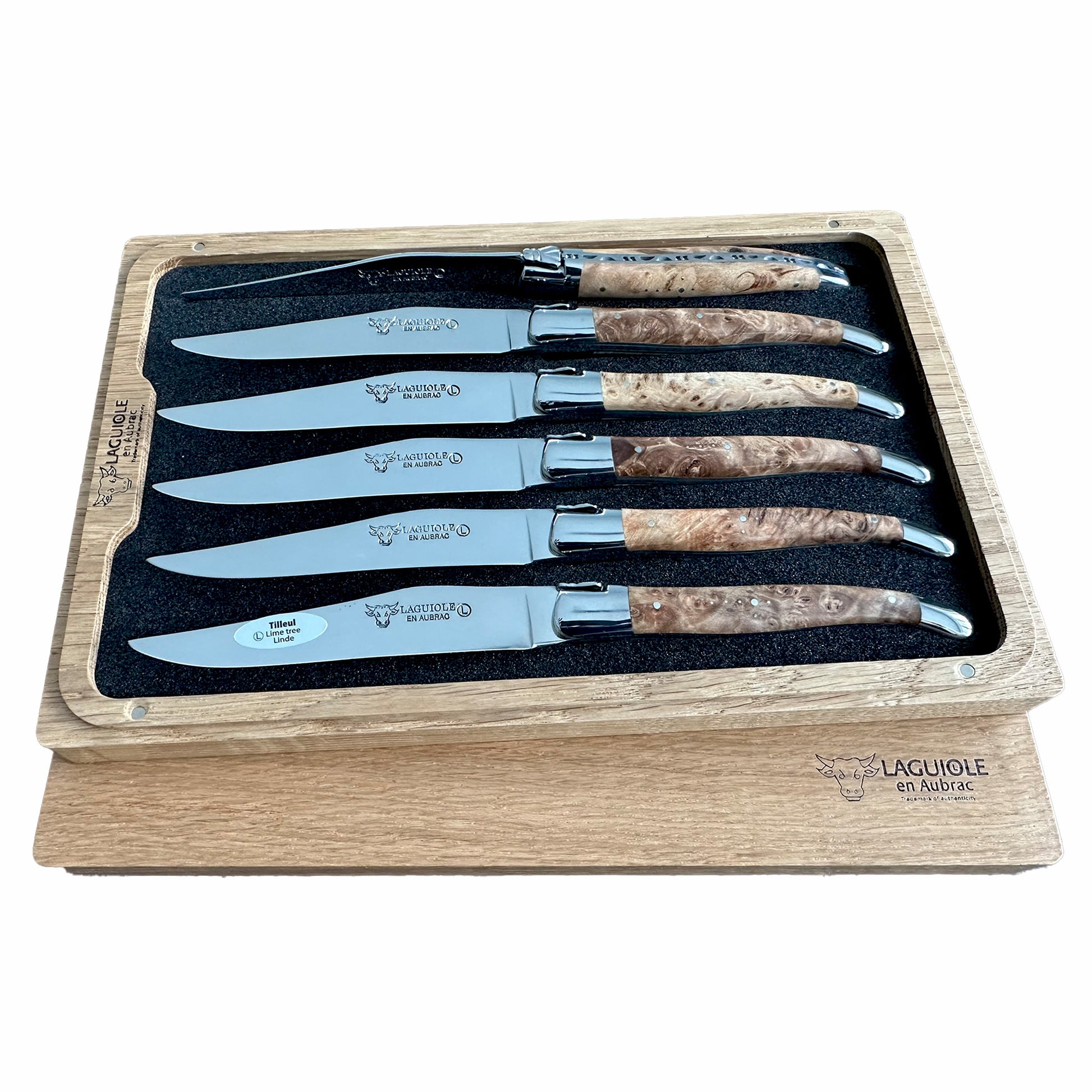Laguiole en Aubrac Handcrafted Plated 6-Piece Steak Knife Set with Lime Tree Burl Wood Handles, Polished Bolsters - LaguioleEnAubracShop