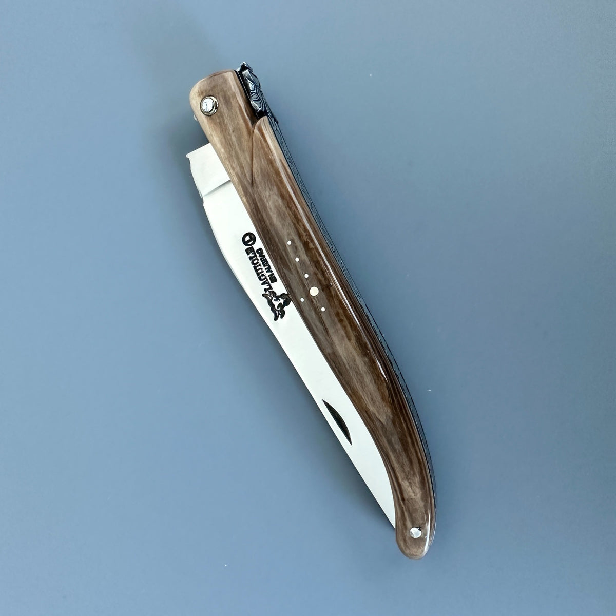 Side view of the closed Laguiole en Aubrac mammoth ivory folding knife, showing the curved handle and decorative pin pattern.