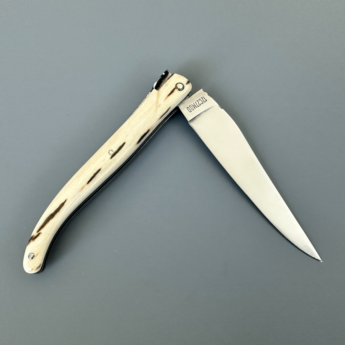 Reverse view of the partially open Laguiole en Aubrac mammoth ivory folding knife, showing dark handle streaks.