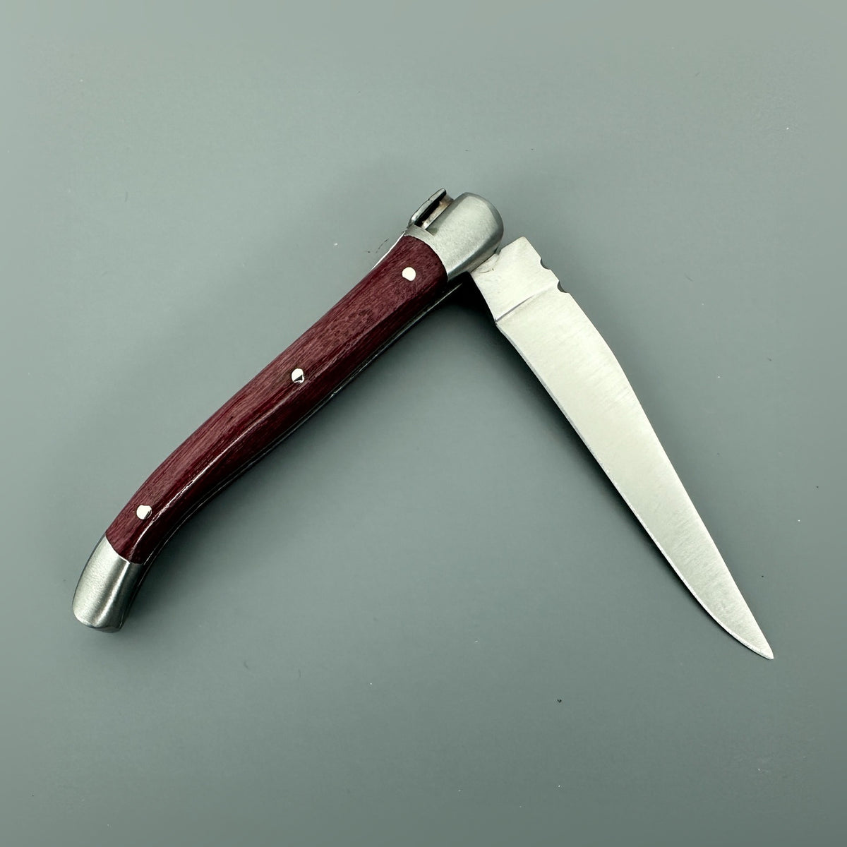 Reverse view of the open Laguiole en Aubrac Mini Folding Knife with an Amaranth wood handle.