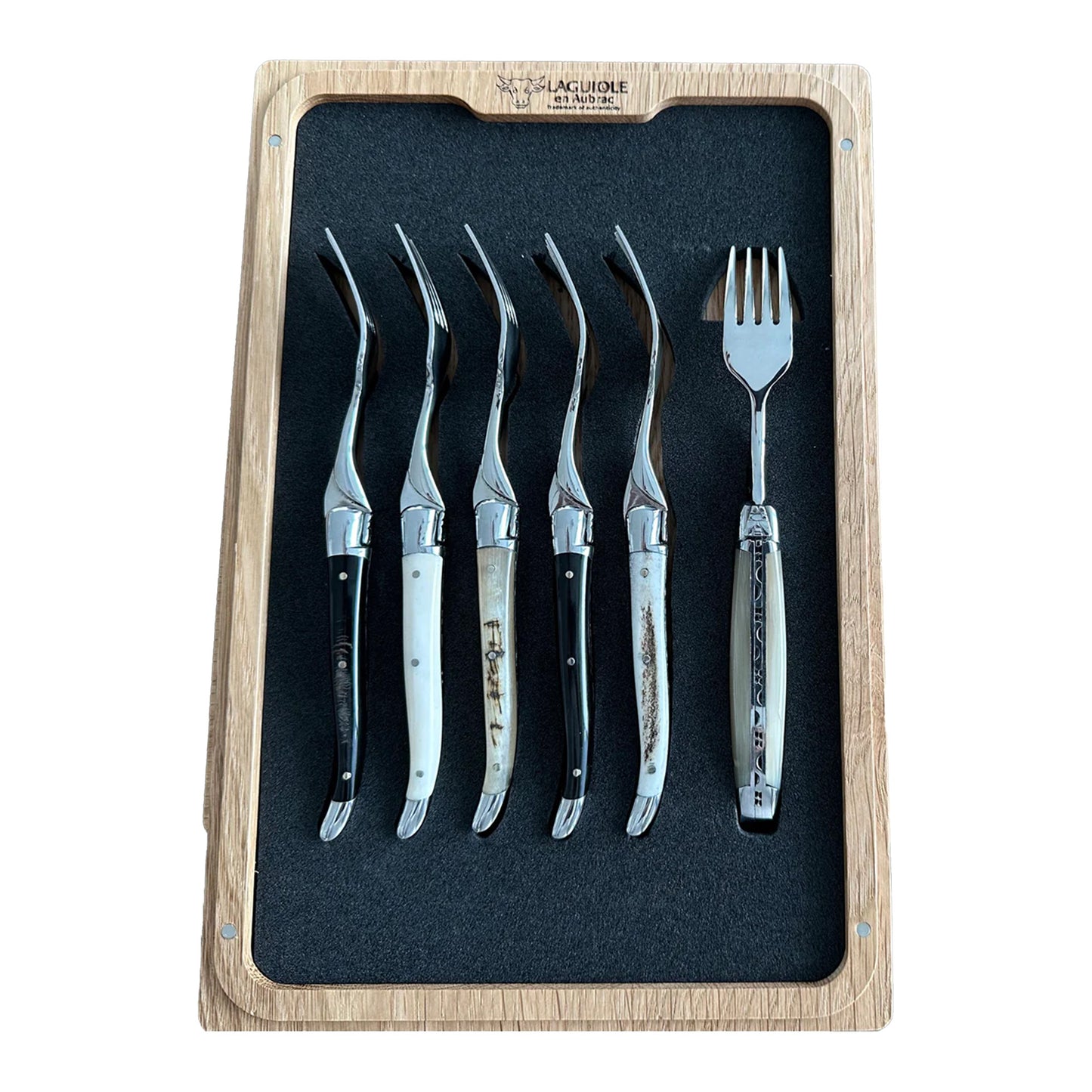 Laguiole en Aubrac Handcrafted Dessert Fork Set, Mixed Horns Handle - LaguioleEnAubracShop