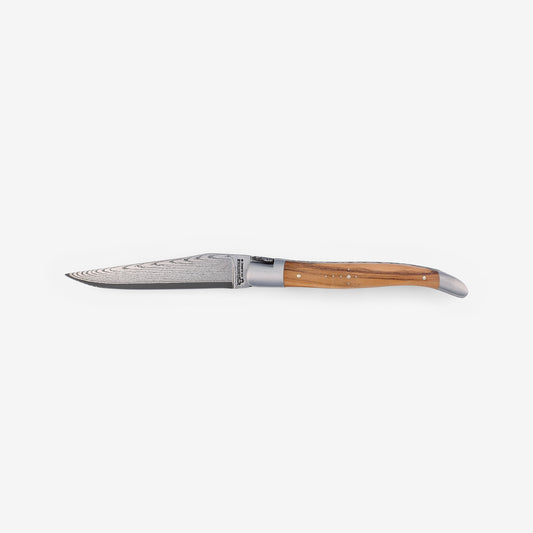 Laguiole en Aubrac Damascus Double Plated Folding Knife Olive Wood Handle, 4.75" - LaguioleEnAubracShop