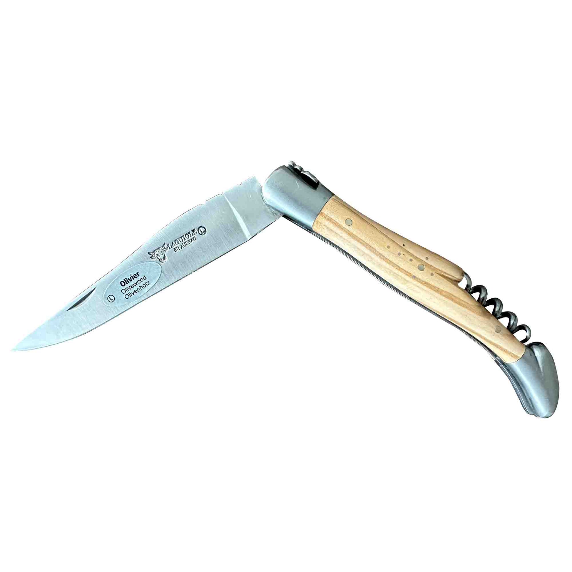 Laguiole en Aubrac Handcrafted Plated Multipurpose Knife with Corkscrew, Olive Wood Handle, Brushed Bolsters, 4.75 inches - LaguioleEnAubracShop