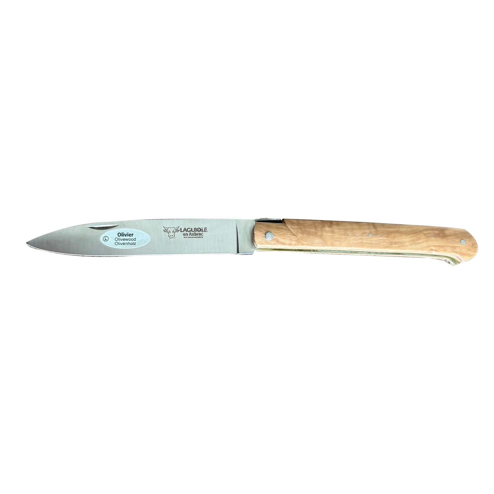 Laguiole en Aubrac Droit Luxury Multipurpose Knife With Handcarved Stainless Steel Spring, Brass Plates, Olivewood Handle, 5.12-Inches - LaguioleEnAubracShop
