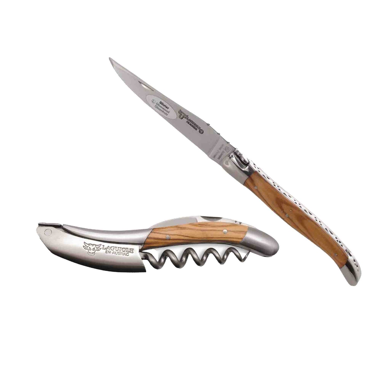 Laguiole en Aubrac 2-Piece Sommelier Waiter's Corkscrew and Handcrafted Plate Multipurpose Knife with Olivewood Handle Set - LaguioleEnAubracShop
