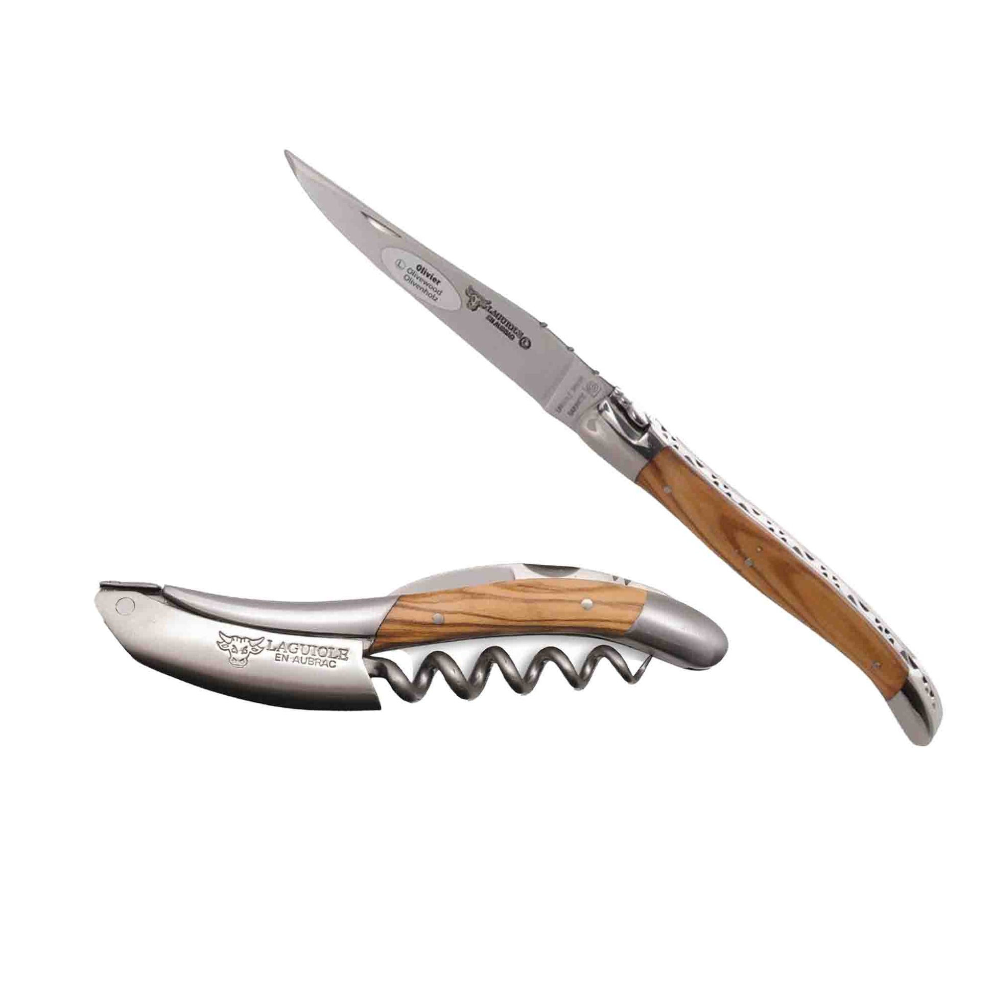 Laguiole en Aubrac 2-Piece Sommelier Waiter's Corkscrew and Handcrafted Plate Multipurpose Knife with Olivewood Handle Set - LaguioleEnAubracShop