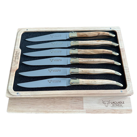 Laguiole en Aubrac Handcrafted Plated 6-Piece Steak Knife Set with Olivewood Handles, Brushed Bolsters - LaguioleEnAubracShop