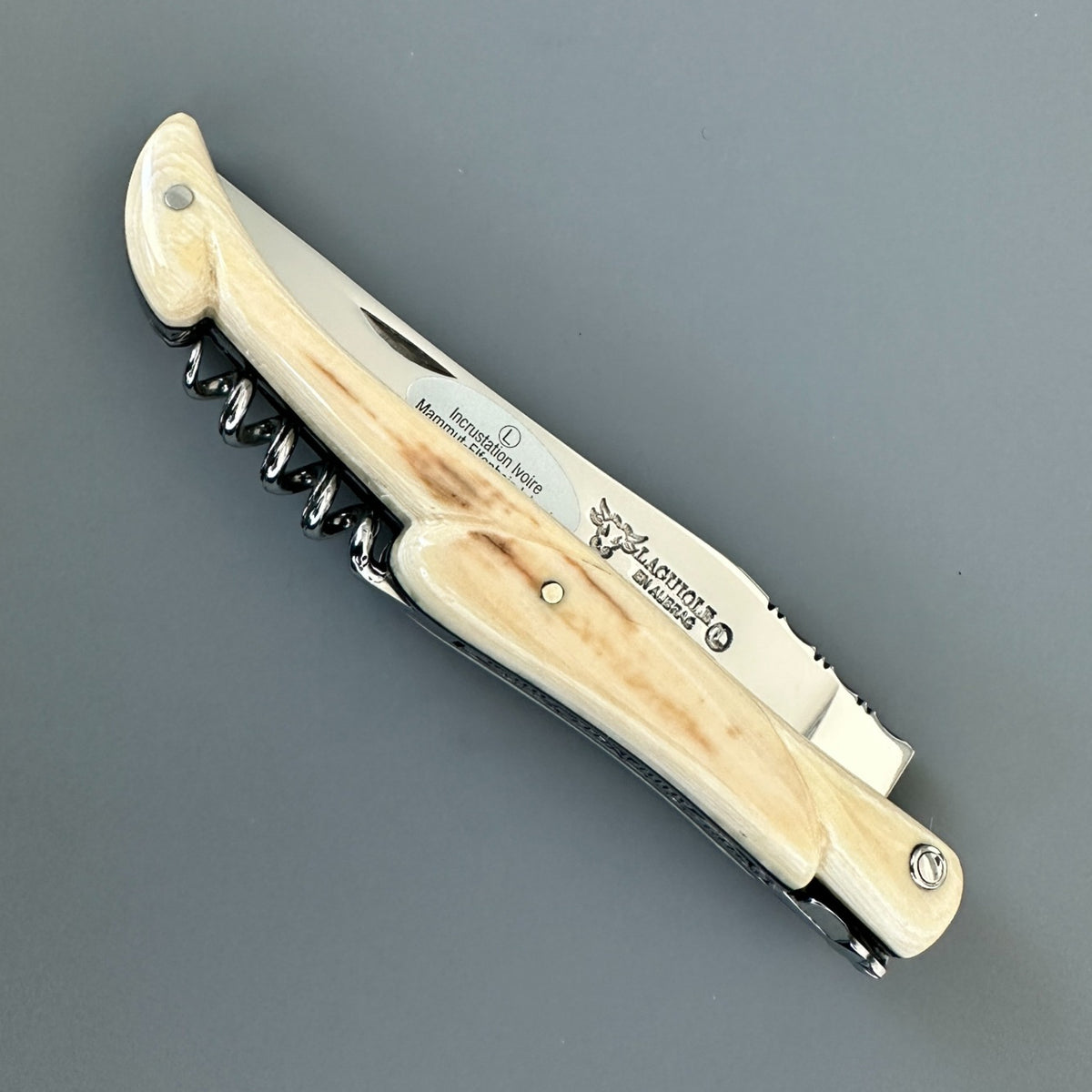 Closed Laguiole en Aubrac folding knife showing the blade logo, pale patterned handle, and corkscrew.