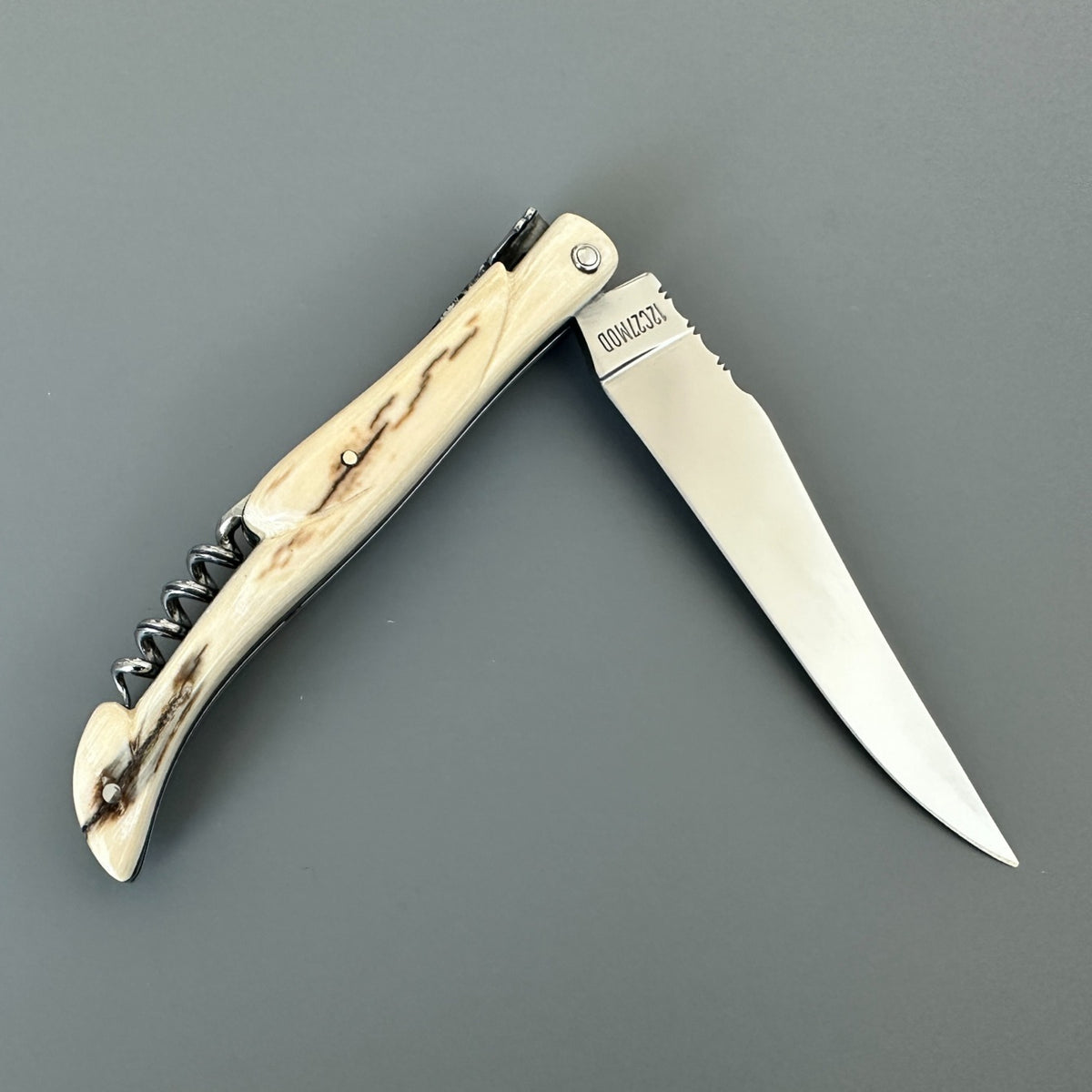 Reverse view of a partially open Laguiole en Aubrac folding knife showing the streaked pale handle and corkscrew.