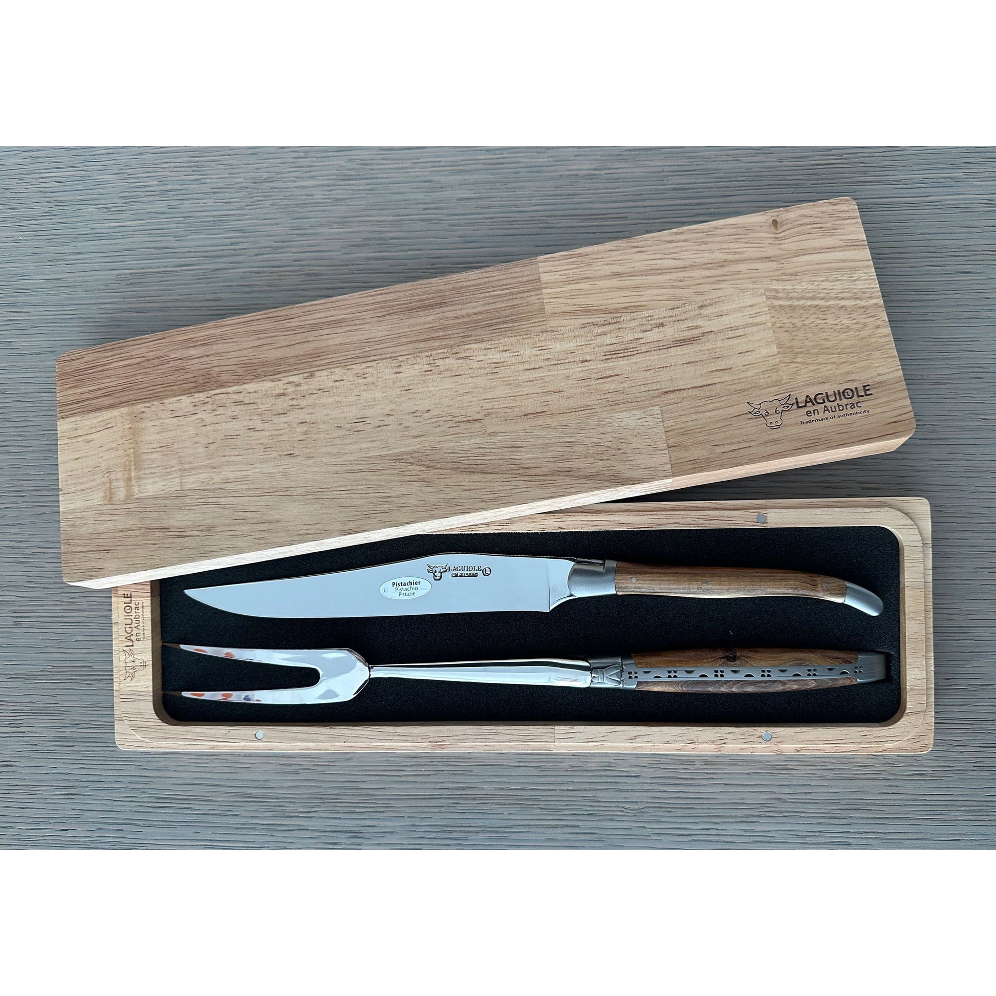 Laguiole en Aubrac Handcrafted Carving Set, Pistachio Wood Handle - LaguioleEnAubracShop