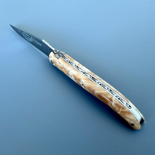 Angled view of a Laguiole en Aubrac poplar folding knife with an open blade, sculpted bee, and engraved spring.