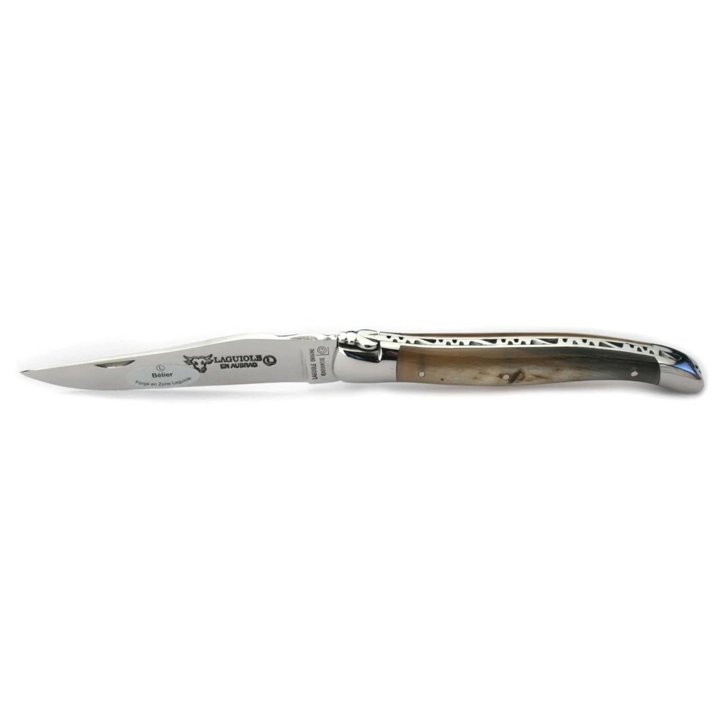 Laguiole en Aubrac Handcrafted Plates Multipurpose Knife with Shiny Bolsters, Ram's Horn Handle, 4.75 inches - LaguioleEnAubracShop
