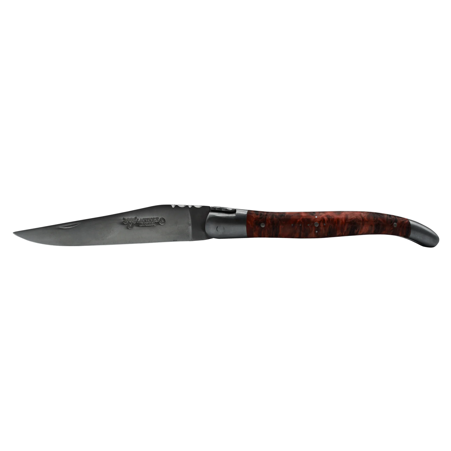 Laguiole en Aubrac Handcrafted Plates Multipurpose Knife, Red Poplar Burl Wood Handle, 4.75 inches, Matte Stainless Steel Bolsters - LaguioleEnAubracShop