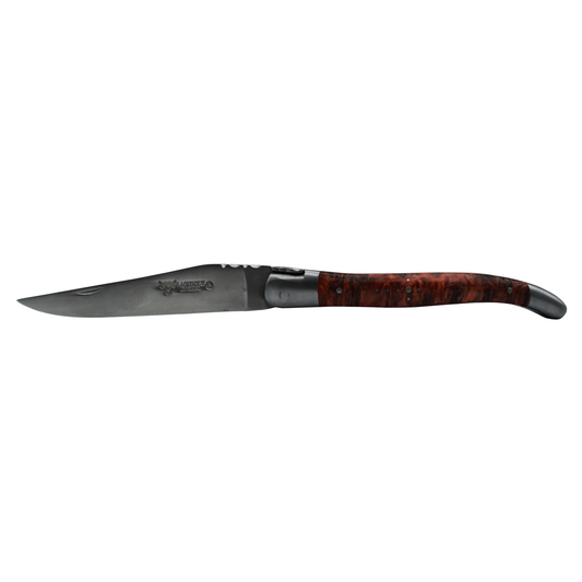 Laguiole en Aubrac Handcrafted Plates Multipurpose Knife, Red Poplar Burl Wood Handle, 4.75 inches, Matte Stainless Steel Bolsters - LaguioleEnAubracShop