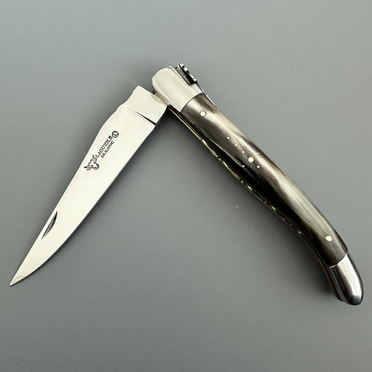 Laguiole en Aubrac double-plated pocket knife with a solid horn handle partially open