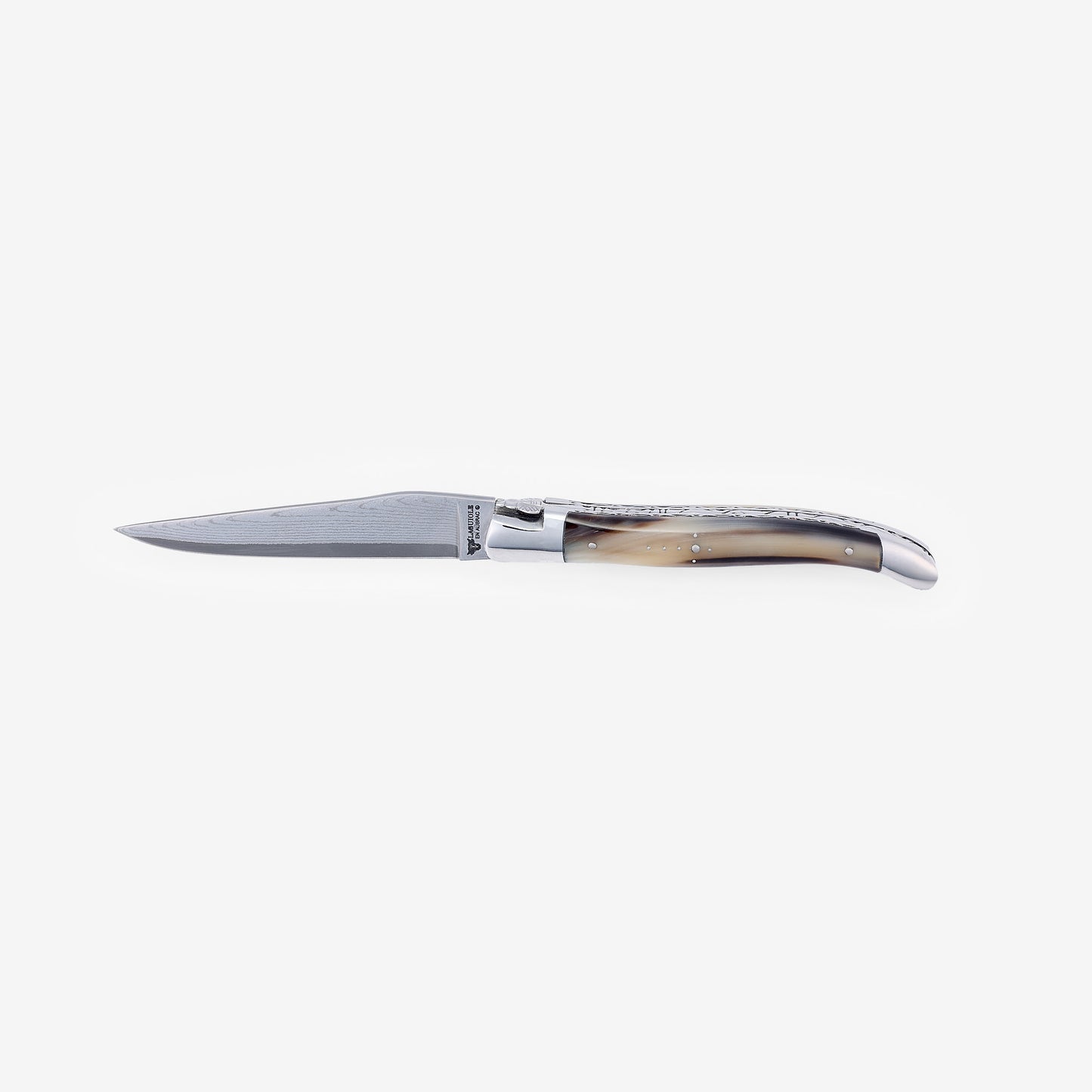 Laguiole en Aubrac Damascus Double Plated Folding Knife Solid Horn Handle, 4.75" - LaguioleEnAubracShop