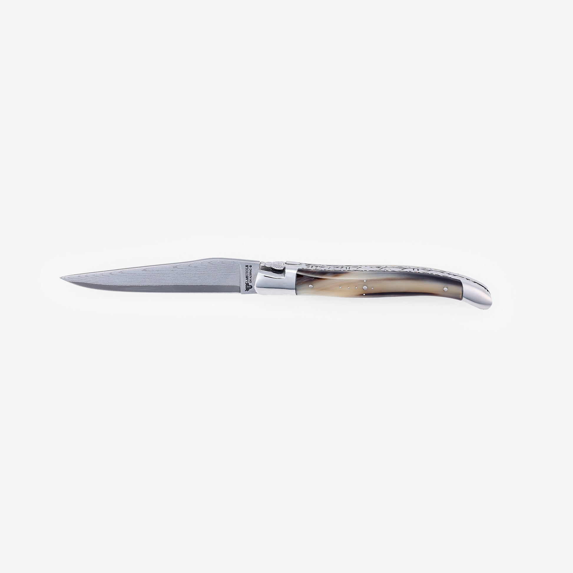 Laguiole en Aubrac Damascus Double Plated Folding Knife Solid Horn Handle, 4.75" - LaguioleEnAubracShop