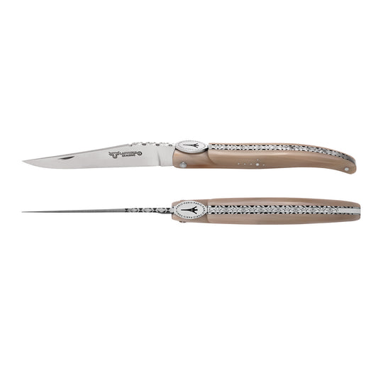 Laguiole en Aubrac Eiffel Folding Knife, 4.8", Solid Horn Handle, Iron Lady Medallion - LaguioleEnAubracShop
