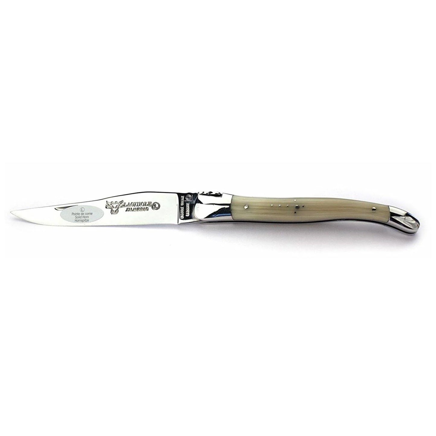 Laguiole en Aubrac Handcrafted Plates Multipurpose Knife with Shiny Bolsters, Solid Horn Handle, 4.75 inches - LaguioleEnAubracShop