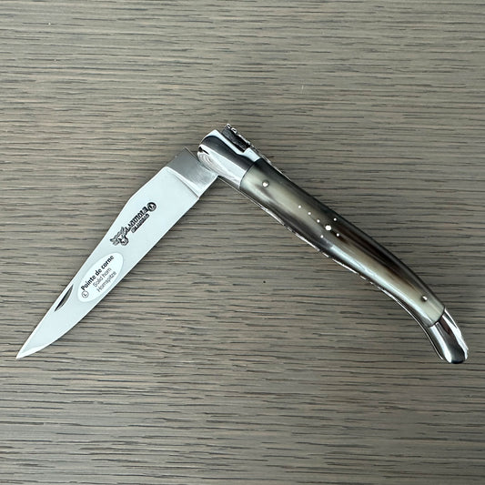 Laguiole en Aubrac Double Plated Folding Knife with Shiny Bolsters, Solid Horn Handle, 4.75" - LaguioleEnAubracShop