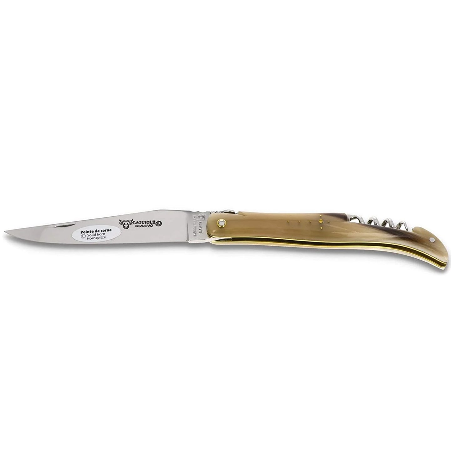 Laguiole en Aubrac Handcrafted Plated Multipurpose Knife, Full Solid Horn Handle with Corkscrew, 4.75 inches - LaguioleEnAubracShop