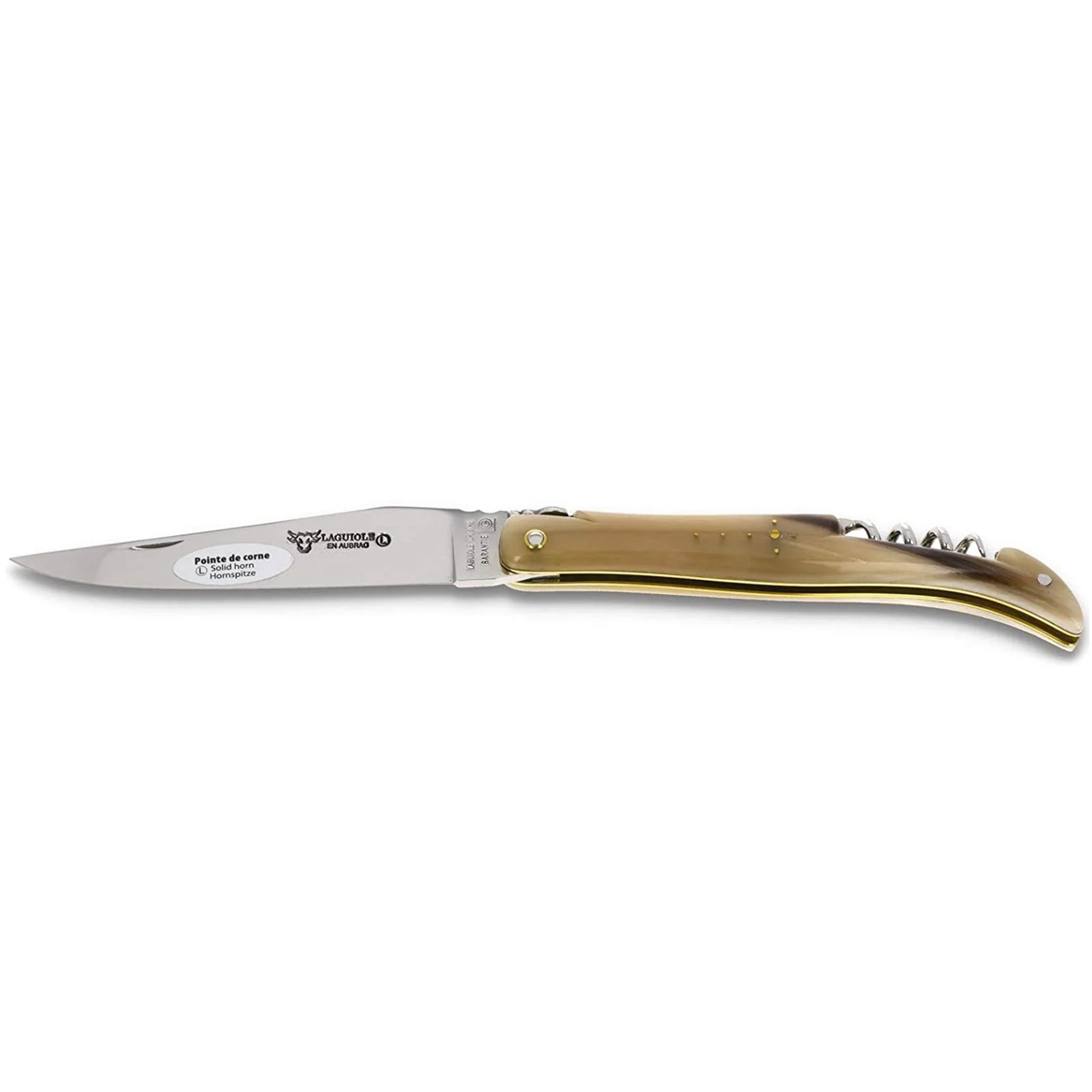 Laguiole en Aubrac Handcrafted Plated Multipurpose Knife, Full Solid Horn Handle with Corkscrew, 4.75 inches - LaguioleEnAubracShop