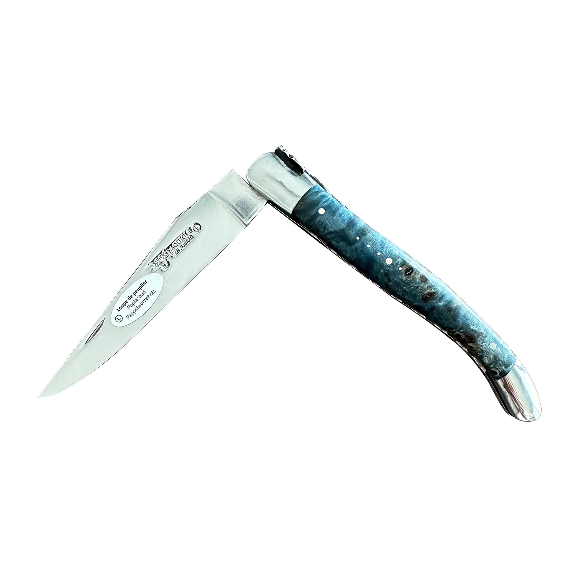Laguiole en Aubrac Handcarved Plates Multipurpose Knife with Stabilized Blue Poplar Burl Handle, Polished Bolsters, 4.75-Inches - LaguioleEnAubracShop