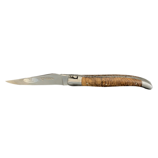 Laguiole en Aubrac Handcarved Plates Multipurpose Knife with Teak Wood Handle, 4.75-Inches, Brushed Bolsters - LaguioleEnAubracShop