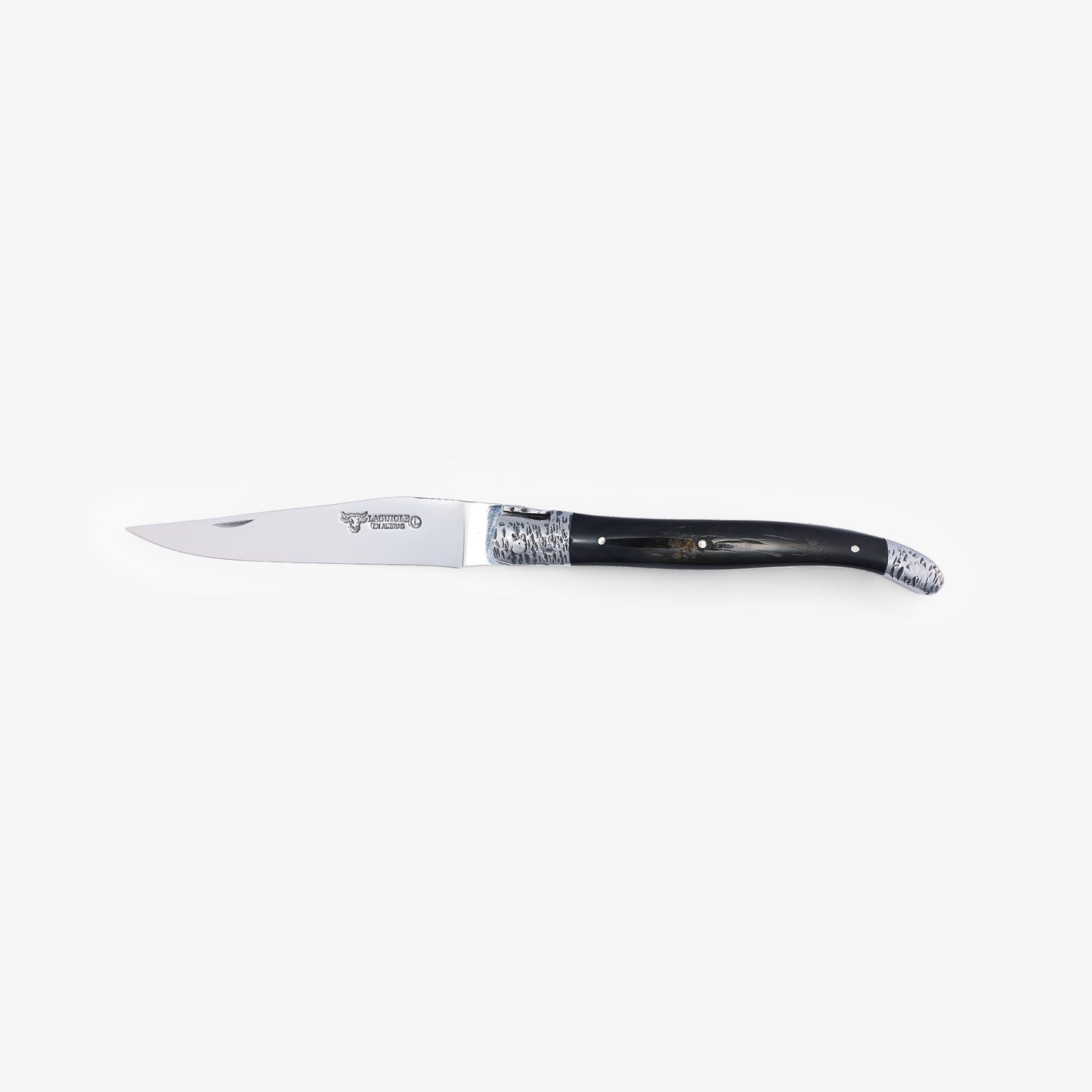 Laguiole en Aubrac Handcrafted Double Plates Multipurpose Knife, Buffalo Horn With Texture Handle, Stainless Steel Hammered Bolsters, 4.75 inches - LaguioleEnAubracShop