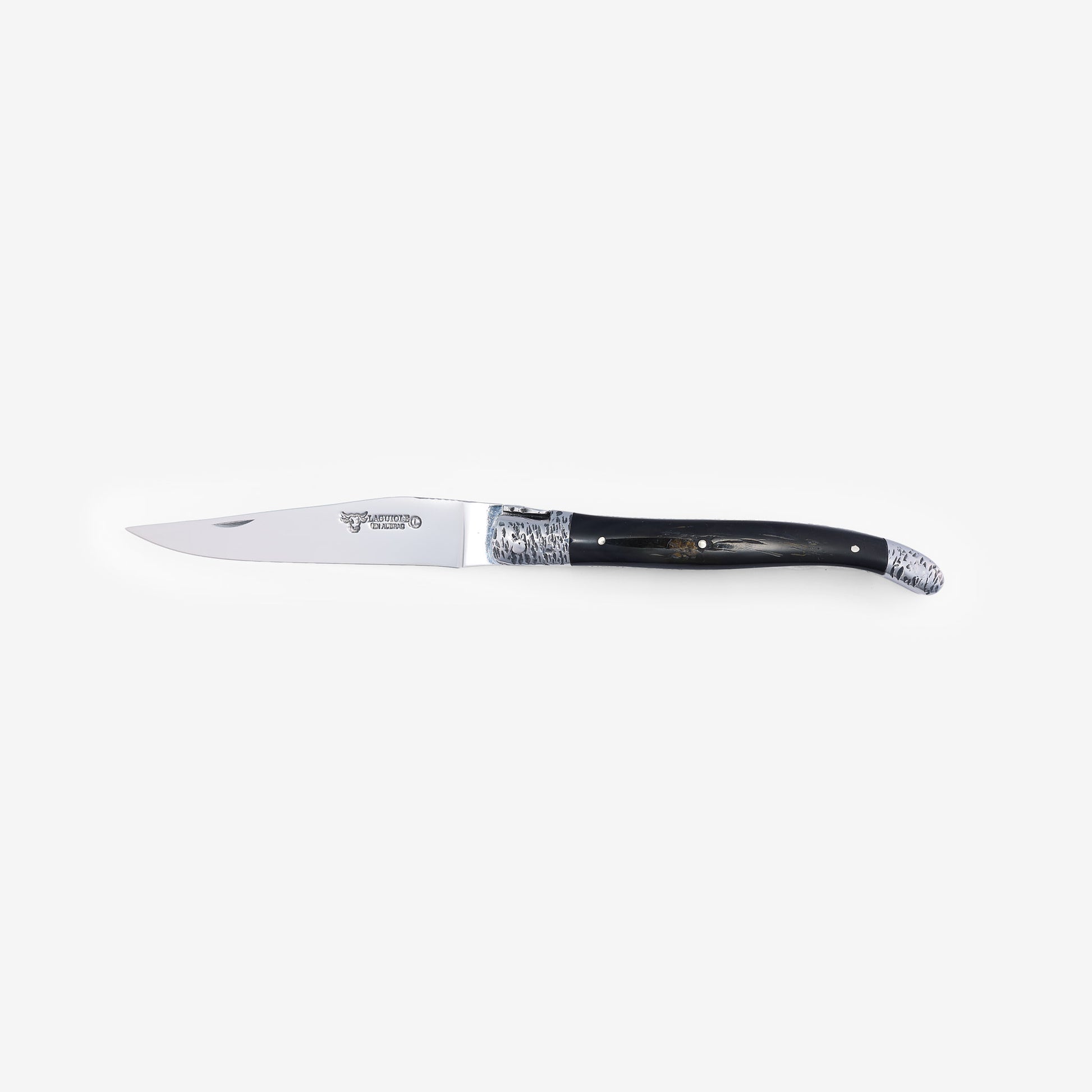Laguiole en Aubrac Handcrafted Double Plates Multipurpose Knife, Buffalo Horn With Texture Handle, Stainless Steel Hammered Bolsters, 4.75 inches - LaguioleEnAubracShop
