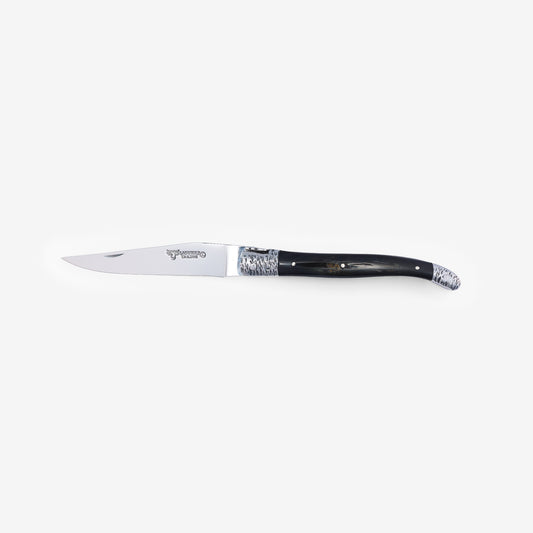 Laguiole en Aubrac Handcrafted Double Plates Multipurpose Knife, Buffalo Horn With Texture Handle, Stainless Steel Hammered Bolsters, 4.75 inches - LaguioleEnAubracShop