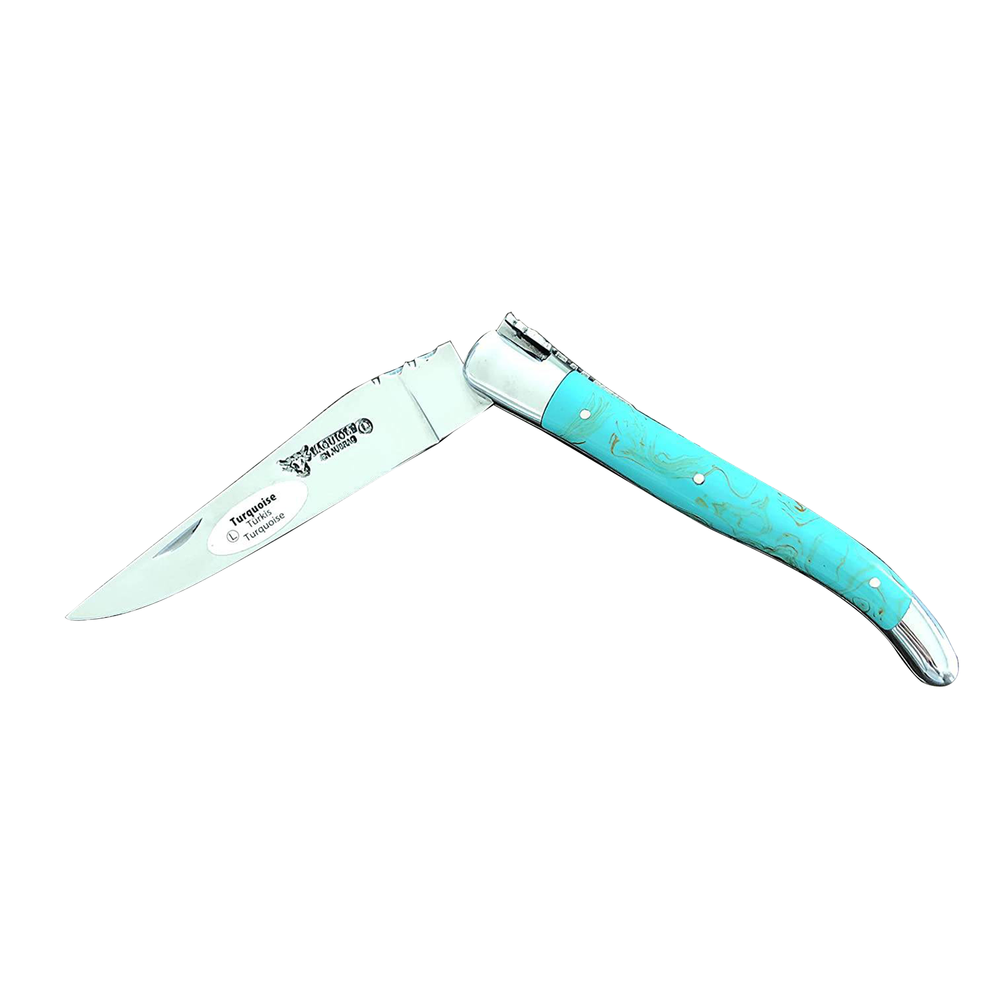 Laguiole en Aubrac Handcrafted Plates Multipurpose Knife with Shiny Bolsters, Turquoise Handle , 4.75 inches - LaguioleEnAubracShop