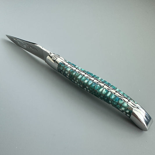Laguiole en Aubrac Hand Carved Paper Waves Folding Knife, Blue