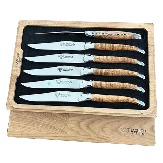 Laguiole en Aubrac Handcrafted Steak & Table Knife Set, Wavy Maple Wood Handle - LaguioleEnAubracShop